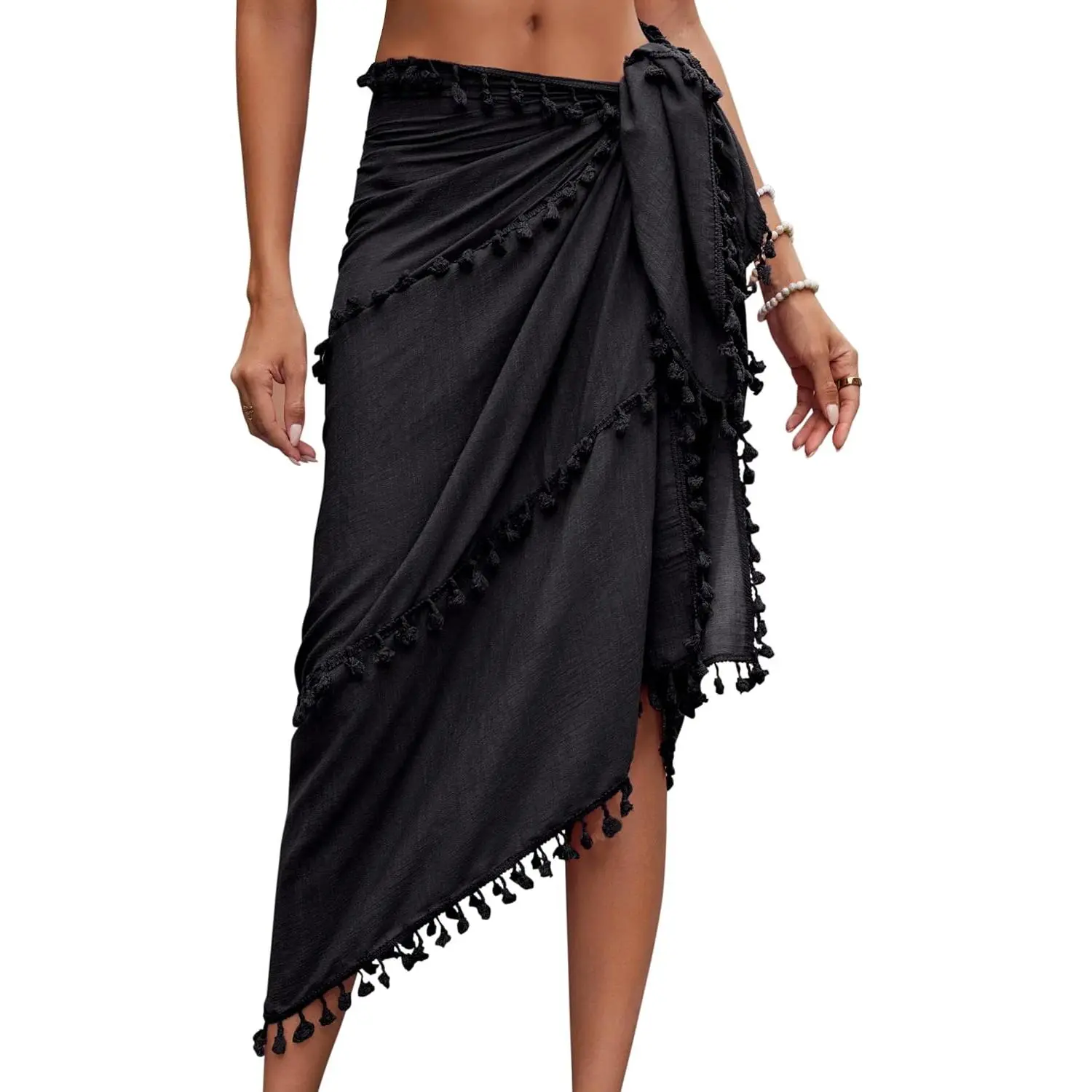 Beach Sarong Pareo Womens Semi-Sheer Swimwear Cover Ups Short Skirt with Tassels