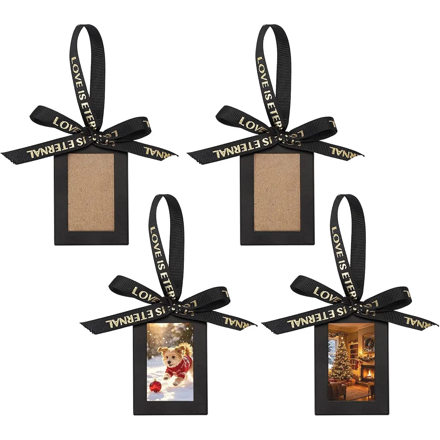 Black  Mini Picture Frame Ornament for Xmas Tree Wall Decor | 4 Pack, Vertical, Small  Wallet Size Photo Frame for 1.9x2.7, Metal  Display Ornament Frame with Ribbon Decor