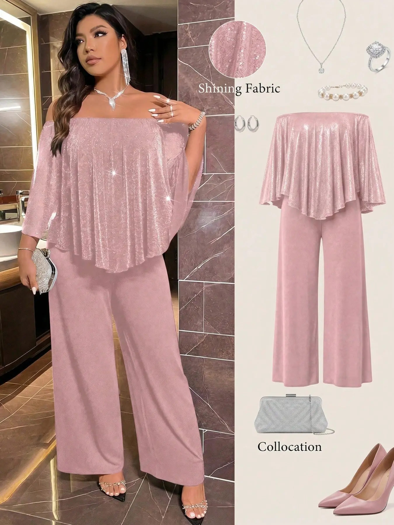 Plus Size One-Shoulder Sequin Ruffle Cape Sleeve Romper, Shoulder Strap Elastic Waistband, High-Waisted Wide Leg Pants, Bodycon Style