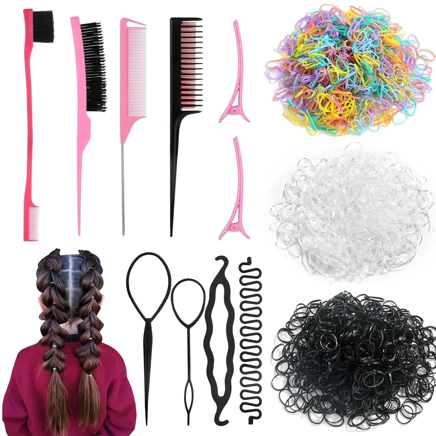 High-Quantity Lightweight Hair Braiding Kit, 1512 Small Elastic Bands, Loop Tool, Hair Brush, Comb for Daily Styling