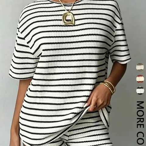 Women's Striped Short Sleeve Top & Elastic Waist Shorts Knit Set, Casual Home Wear, Comfortable Daily Summer Wear, Summer Outfit Set