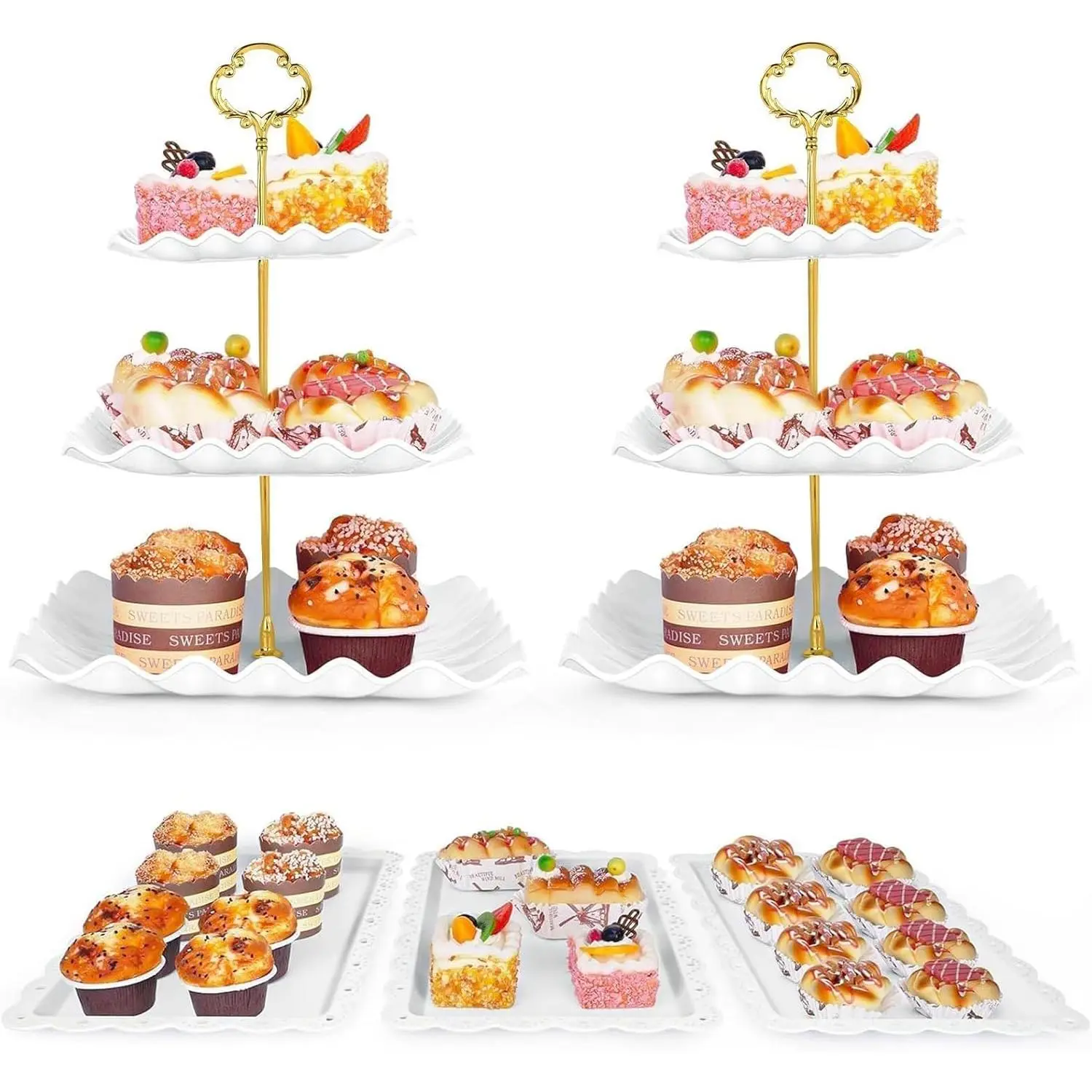5 count Dessert Table Display Set - 2 count 3-Tier Dessert Display Stands & 3 count Serving Tray - Dessert Trays Dessert Stands  Table Displays Set for  Parties,Birthdays &  Showers