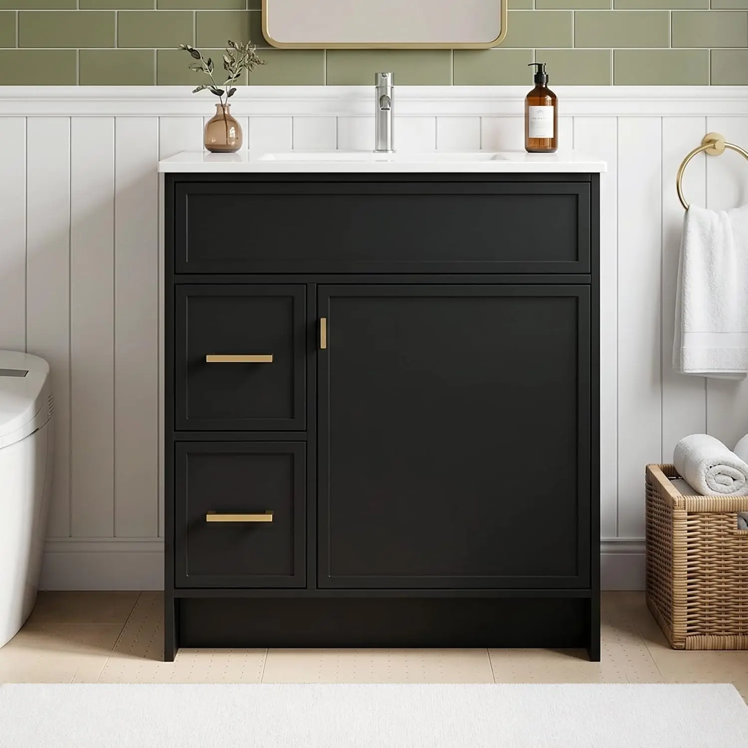 30 in Modern Freestanding Rectangle Bathroom Vanity - Wood Pulp Build, 1 Soft-Close Door, 2 Drawers, White Ceramic Sink, Waterproof Painted Finish, Storage Cabinet, Easy Assembly for Modern Home Decor