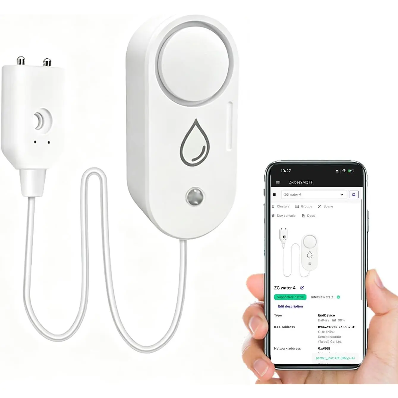 Zigbee Water Detector with 110 dB Siren ,  Water Sensor | Flood   for Kitchen and Bathroom – Supports  Assistant & Zigbee2mqtt