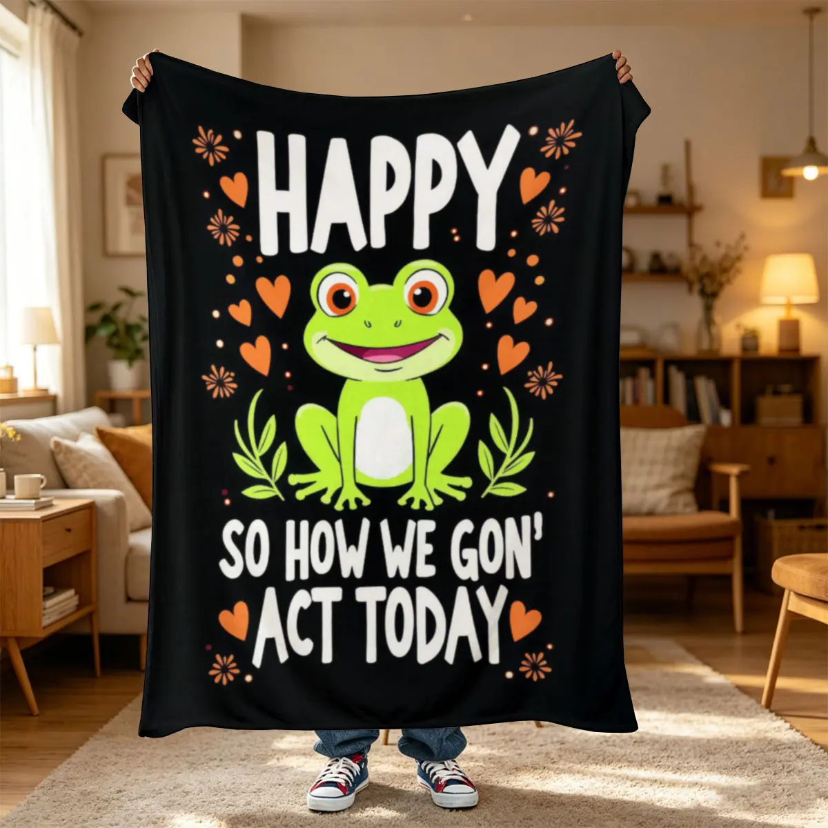 One PC Short Plush Flannel Blanket,Frog and Text Pattern,Warm breathable flannel blanket, ultra soft on skin. Dorm home throw, birthday gift, bedroom decor & daily pet blanket