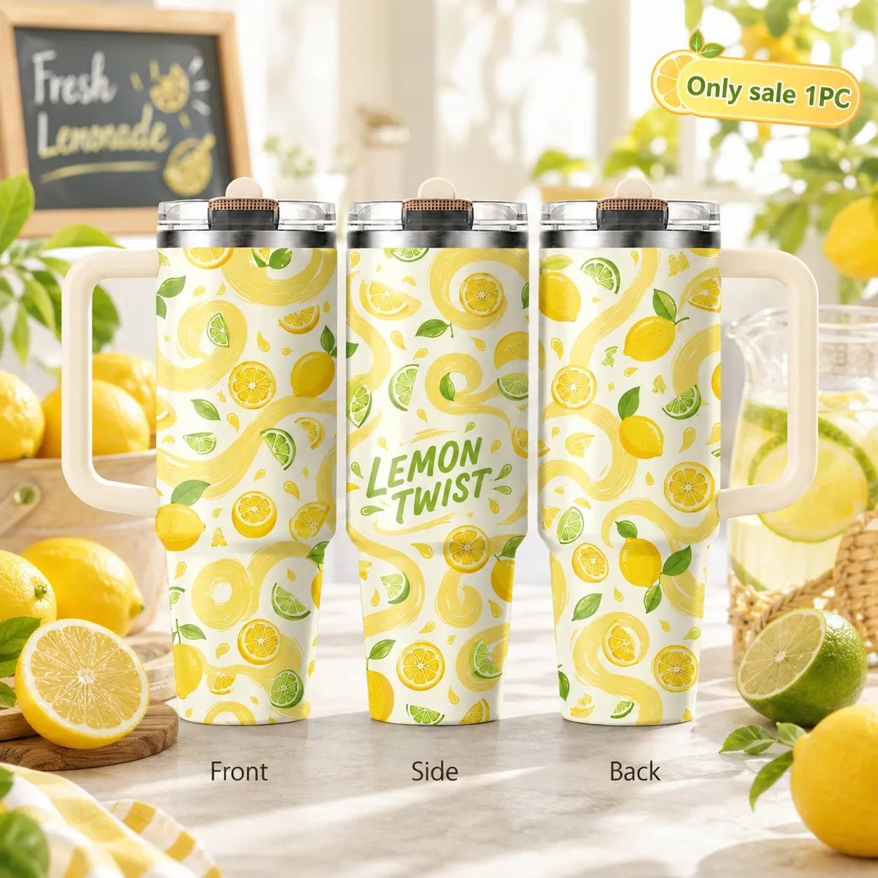 Sunny Fruit Fiesta Lemon pineapple watermelon peach Water Bottles 40oz 3rd Gen Vacuum Insulated Tumbler with Handle & Straw Lid, Leak-Proof Stainless Steel Travel Mug for Water, Coffee, Gym, Office, Car Cup Holder