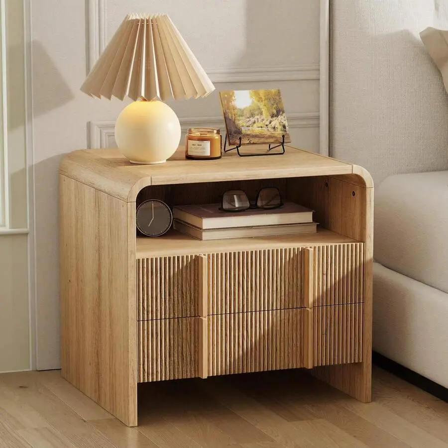 Pine Modern Fluted Wood Nightstand - Narrow Hidden Glide Storage Drawers, Open Shelf, Curved Profile Child Size Bedside Table Kids Table Indoor Furniture for Kid Room