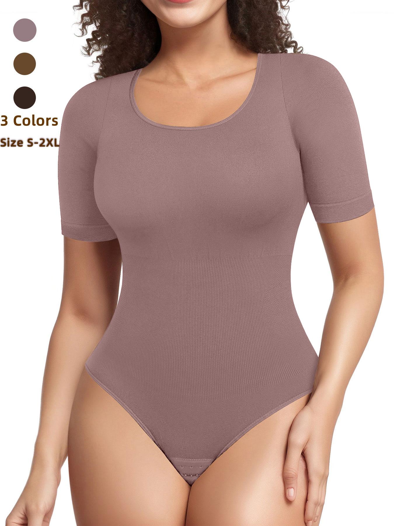 Women's Short Sleeve Seamless High Waisted Shapewear Bodysuit, Tummy Control Round Neck Slim Fit Top, Casual All Season Wearable Undergarment