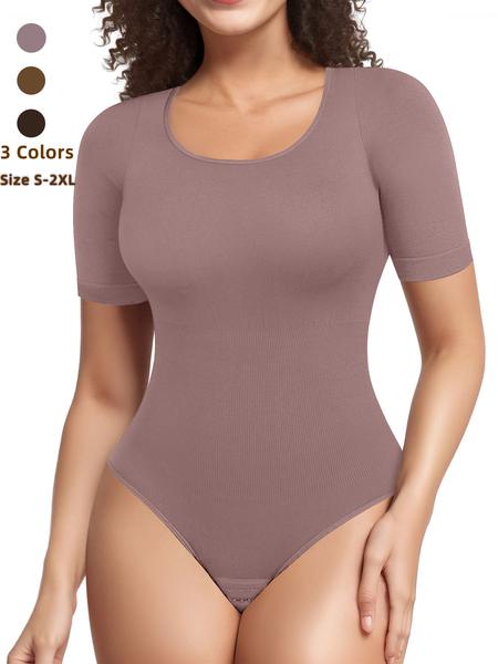 Women's Short Sleeve Seamless High Waisted Shapewear Bodysuit, Tummy Control Round Neck Slim Fit Top, Casual All Season Wearable Undergarment