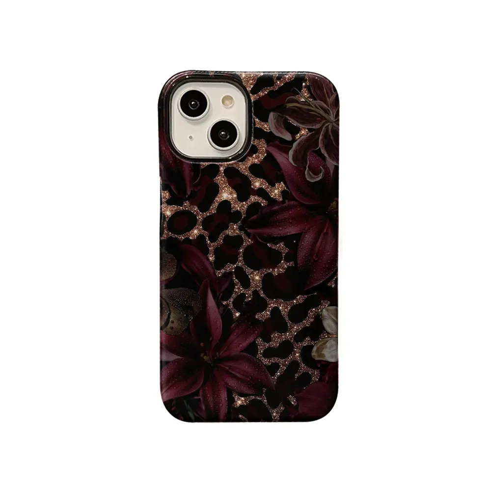 Dark Lily Leopard Print Phone Case, Moody Boho Style for iPhone 17 16 15 14 13 12 11 Plus Pro Max, Elegant Holiday Gift.