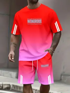 Men's Gradient Double Bar Wondrous Letter Set, Streetwear Casual, Soft Breathable, Versatile for Daily Wear