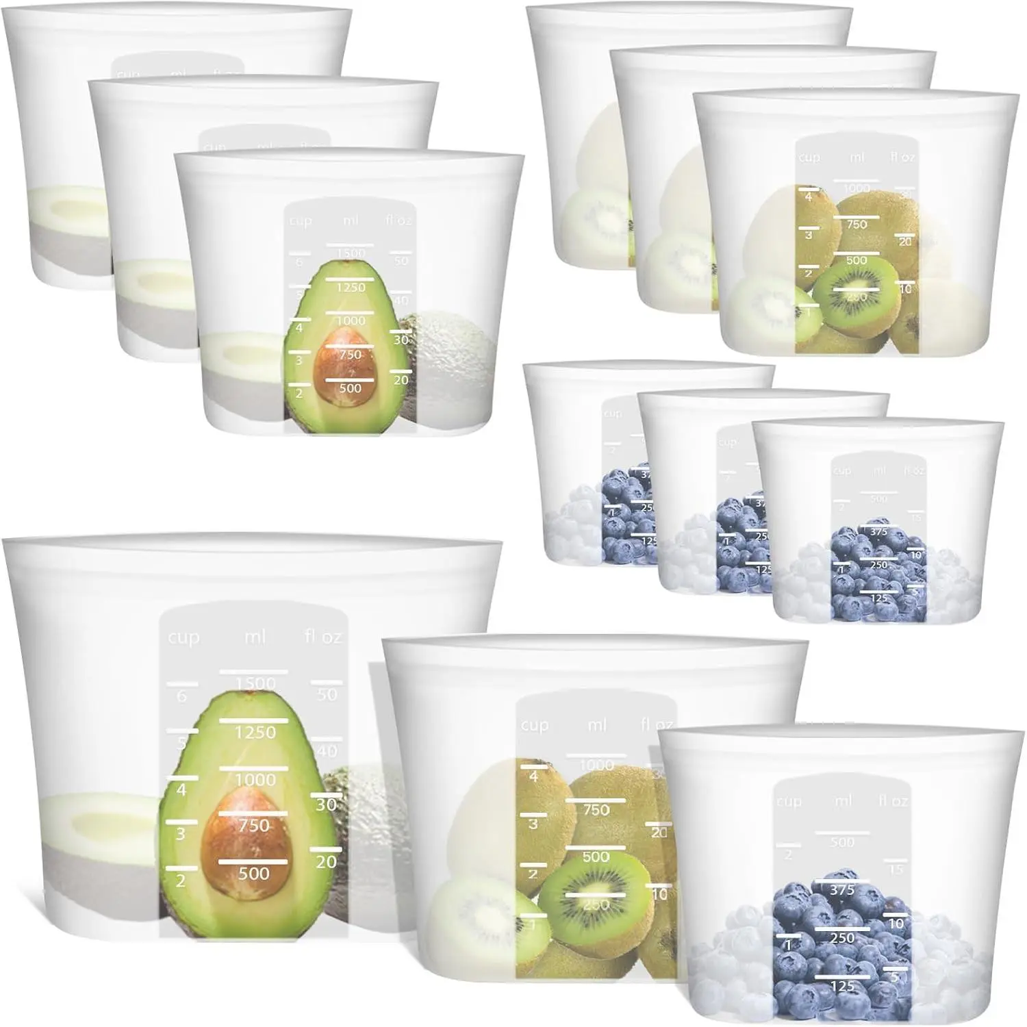 Silicone Reusable Storage Bag, 9 Pack Food Storage Bags, Microwave & Dishwasher Safe, 3 M/3 S/3 Translucent