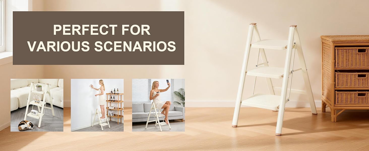 3 Step Ladder,Lightweight Folding Step Stool with Wide Anti-Slip Pedal, 330LBS Capacity, Heavy Duty,Sturdy Iron Metal Step Stool for Home, Kitchen, Closet, Adults, Cream White