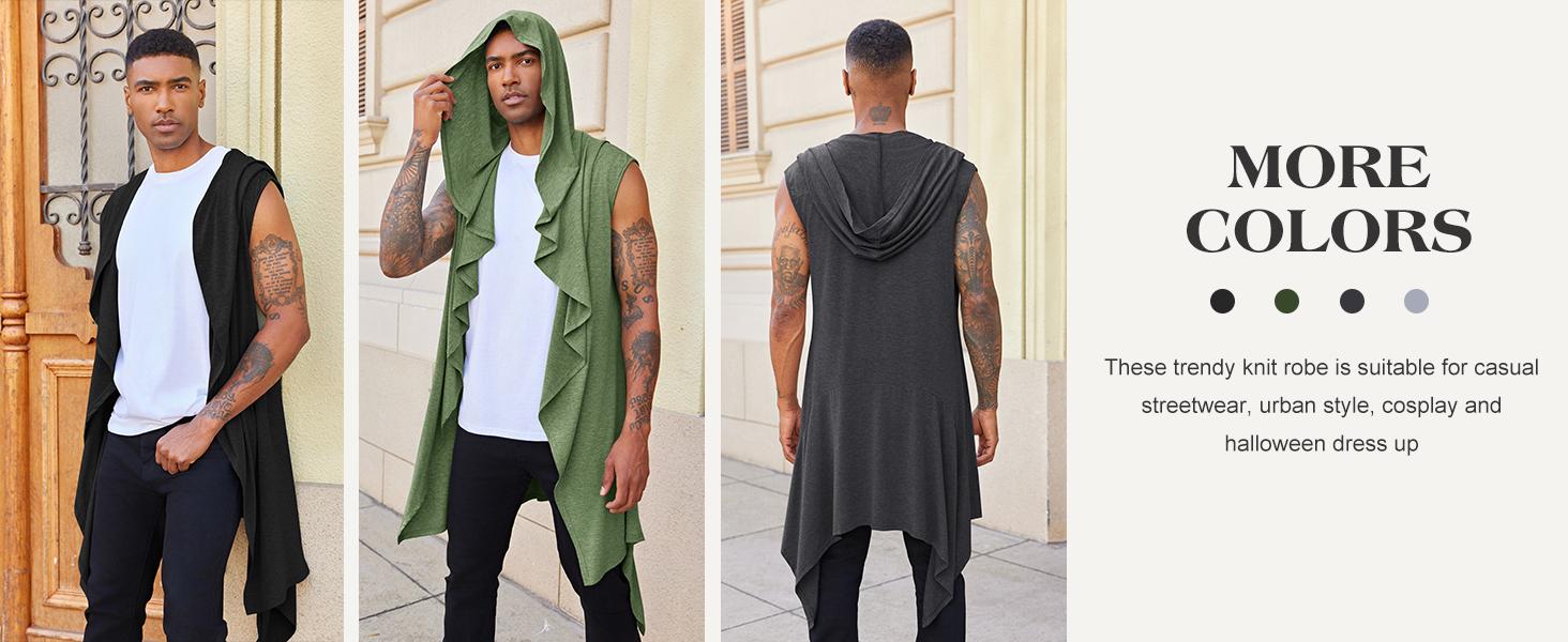Beotyshow Mens Hooded Cardigan Sleeveless Ruffle Shawl Collar Open Front Knit Drape Robe Knitwear Menswear
