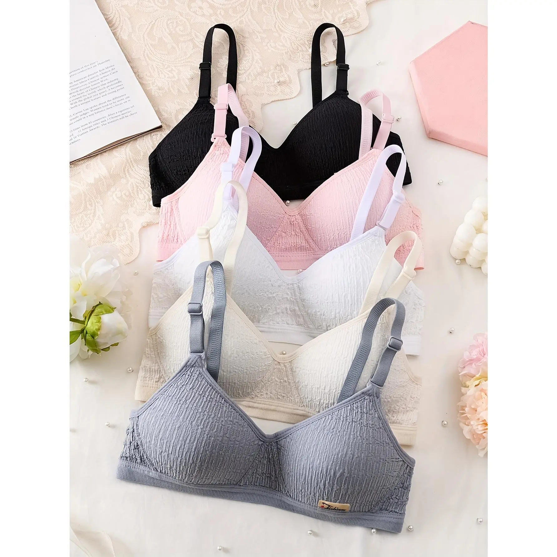 5pcs Wire-Free Bras for Girls and Teens, Comfortable and Skin-Friendly with Adjustable Straps, Suitable for Young Aged 12-15