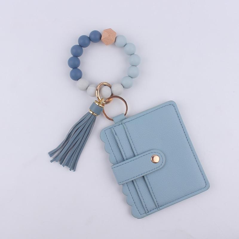 Silicone bead bracelet card holder accessories, silicone bead wristband, PU tassel women's wallet, leather tassel keychain