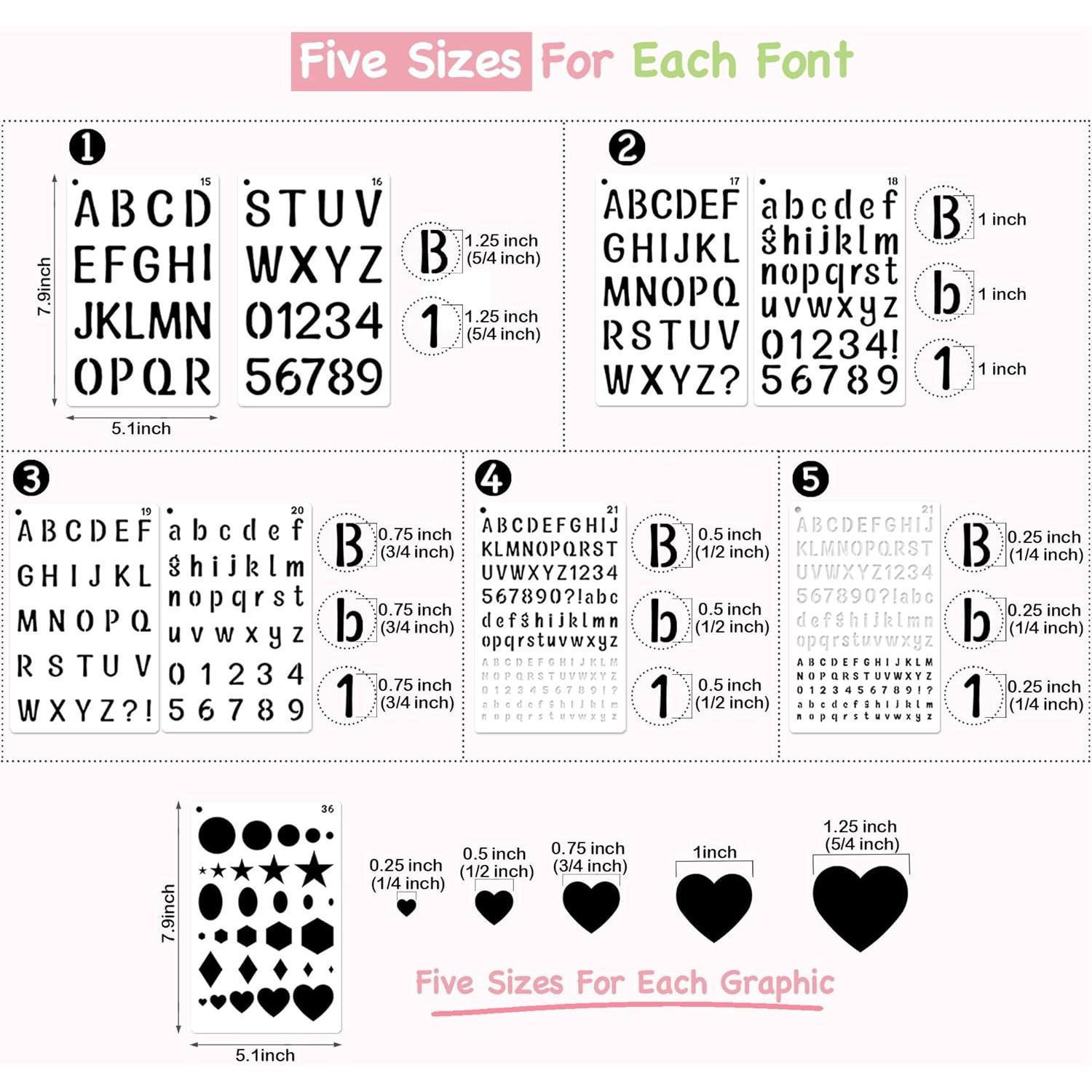 Small Letter Stencils for Painting, 36 count (1/4, 1/2, 3/4, 1, 5/4 in.) Plastic Templates with Number & Alphabet - DIY Crafts