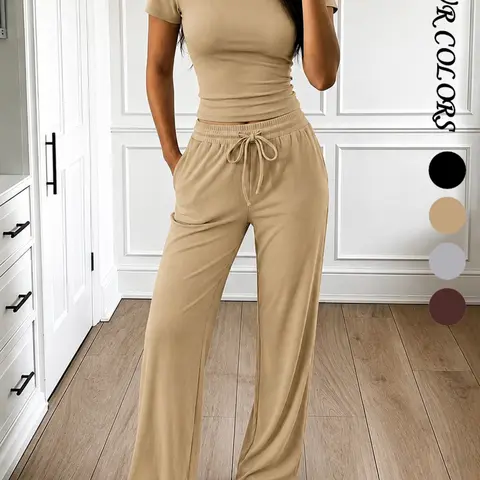 Women's Two-Piece Casual Set, Short Sleeve Top & Wide-Leg Pants with Pockets, Comfortable for Daily Wear, Casual Everyday Set