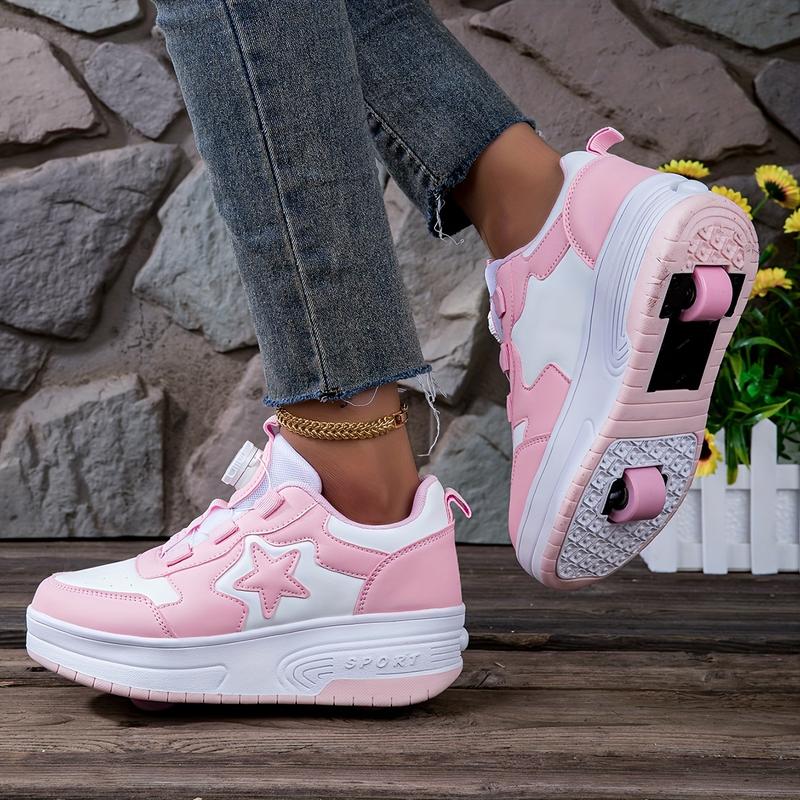 [shipping from US][shipping from US]Girls' Dual Wheel Removable Roller Skate Shoes, Low Top with Rotary Buckle Closure, PU Upper & Fabric Insole, Casual Sports Style for Roller Skating, All-Season Solid Color Sneakers for Children Under 12