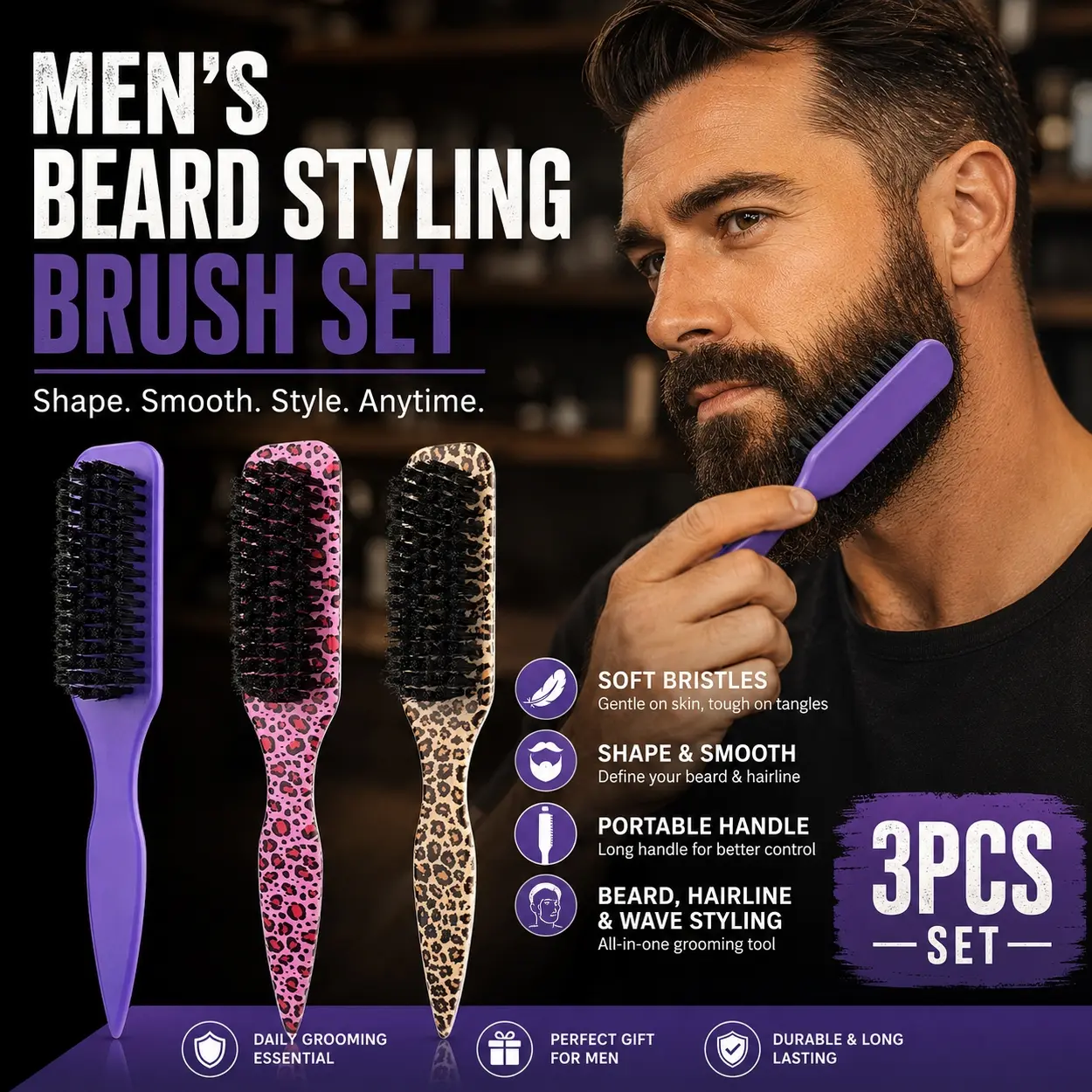 Men’s Beard Styling Brush Set, 3 Pack Soft Bristle Grooming Comb with Portable Handle, Easy to Use Mustache Brush for Beard Shaping, Hairline Smoothing, Wave Styling, Barber Shop, Salon, Travel Kit and Everyday Men Care Accessories