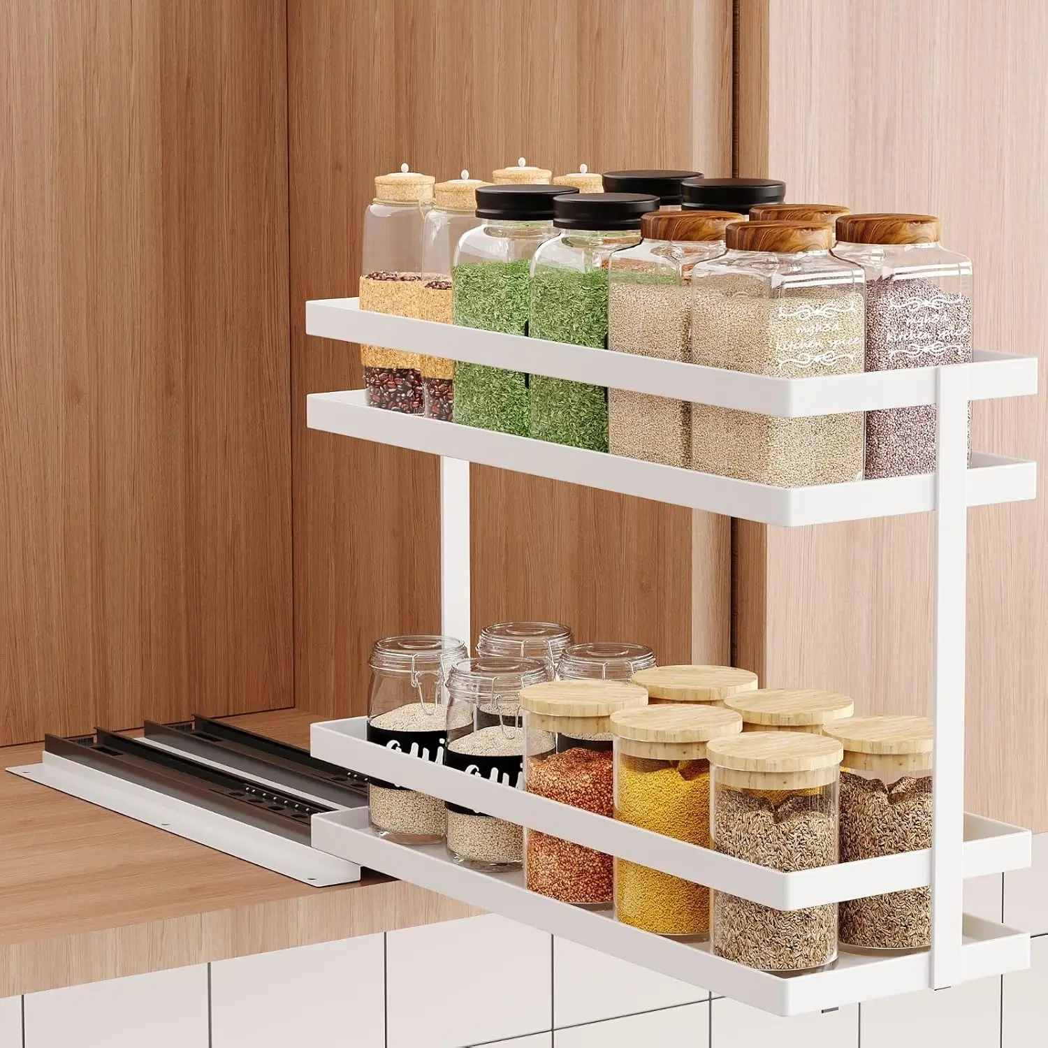 Pull Out  Rack Organizer for Cabinet, 2 Tier Metal Slide Out Seasoning Organizer and Storage Heavy Duty Vertical  Rack Shelf Pullout for Kitchen Cabinets No Drilling(1 Pack, White)