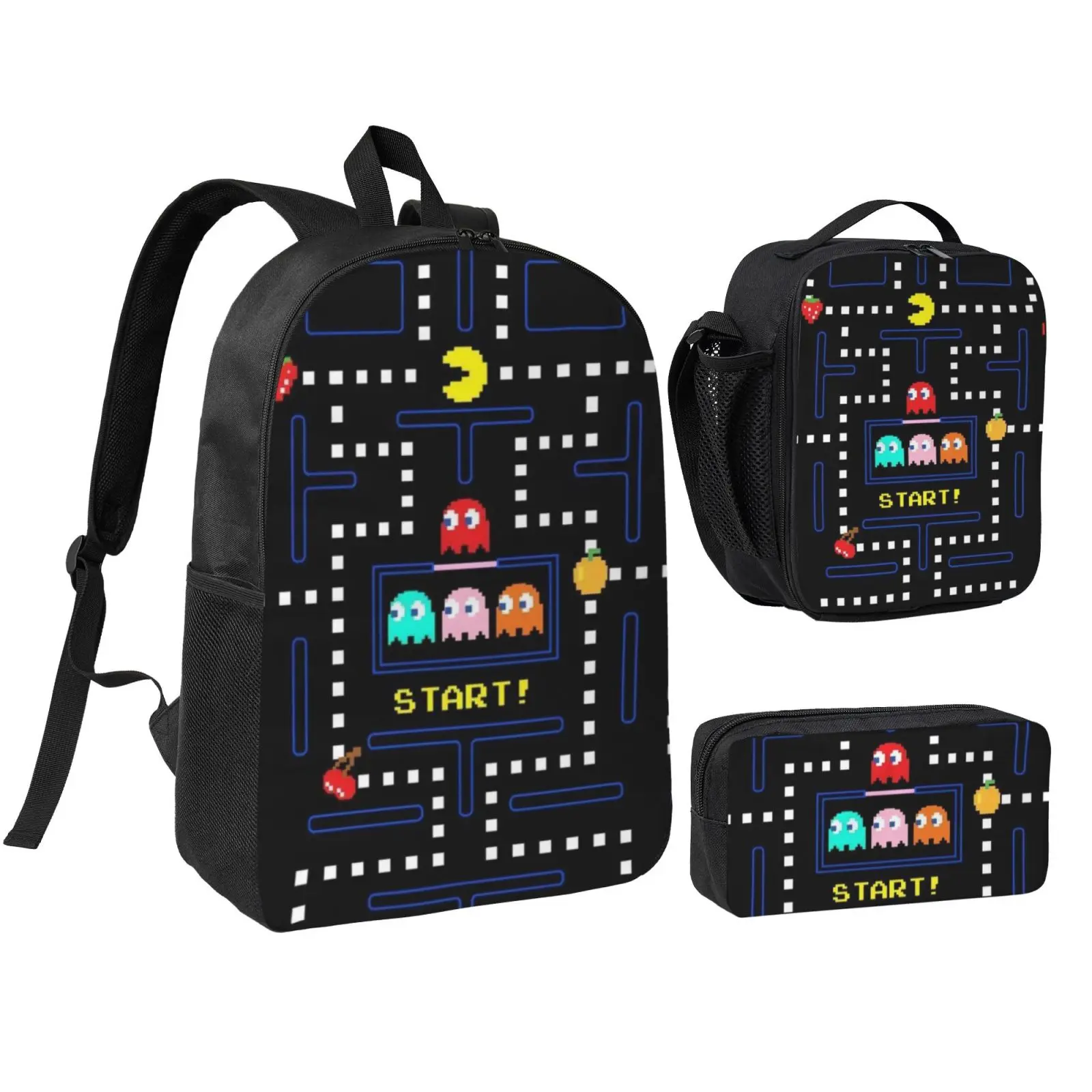 Cute Anime Game 3-Piece Kids' Polyester Backpack Set - Adjustable Strap Bookbag, Insulated Lunch Bag, Pencil Case, Lightweight Waterproof Traveling Daypack