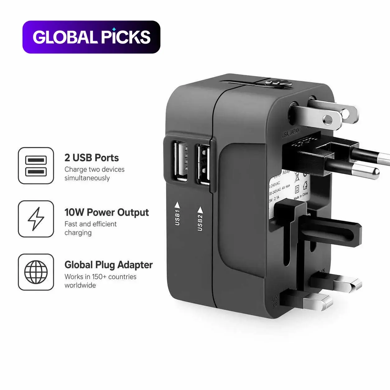 Universal Travel Adapter with 2 USB Ports 5V 2.1A, 10W, AC Outlet 650 W / 110 V and 1300 W / 220 V, No Voltage Conversion, Global Plug Adapter for UK EU US AU, USB Plug-In Multi-Socket Power Adapter, International Plug Adaptor #GLOBAL PICKS