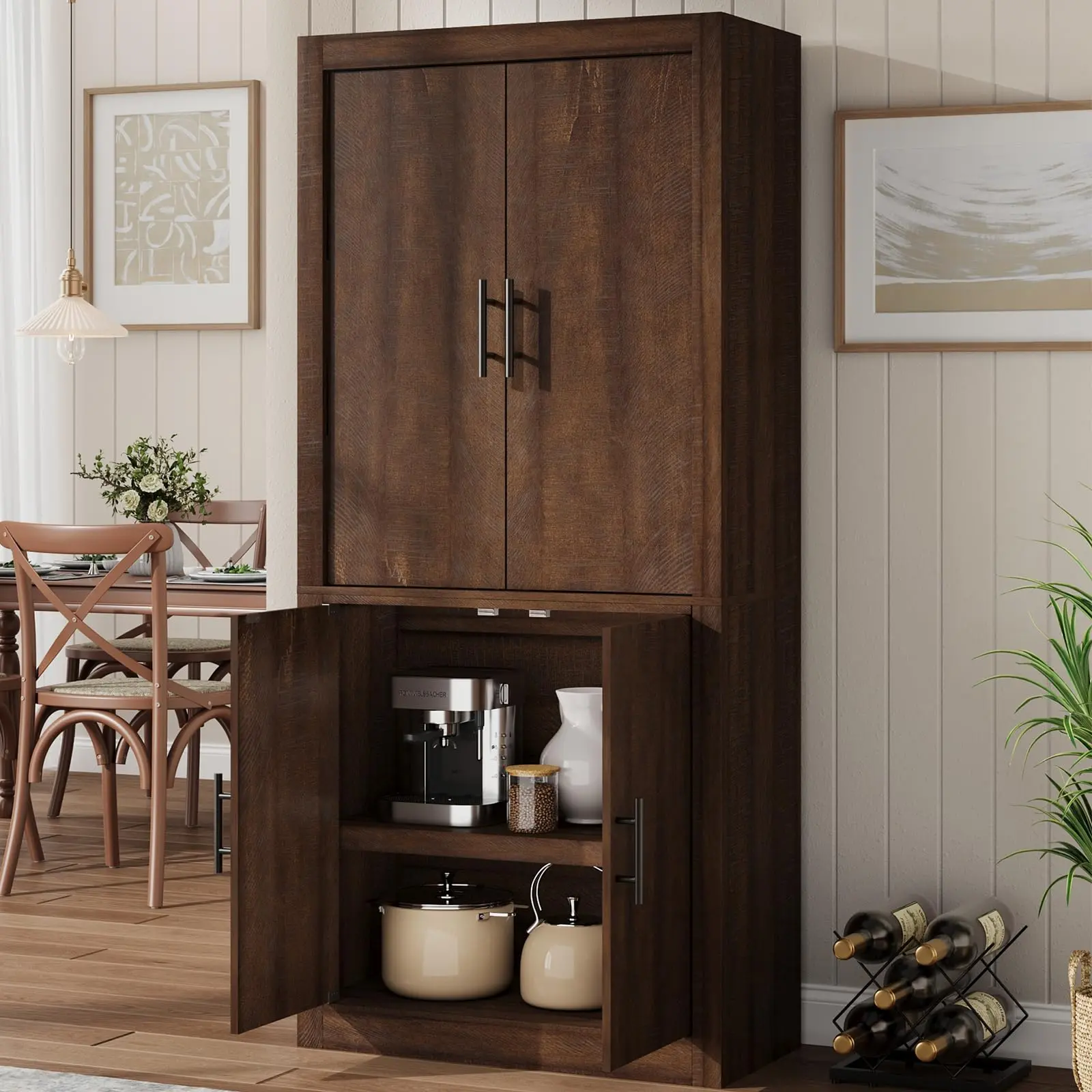 70.5" Farmhouse Tall Kitchen Pantry Cabinet, Freestanding Rustic Wooden Storage Cupboard with 4 Doors & Adjustable Shelves for Kitchen Dining Room Office
