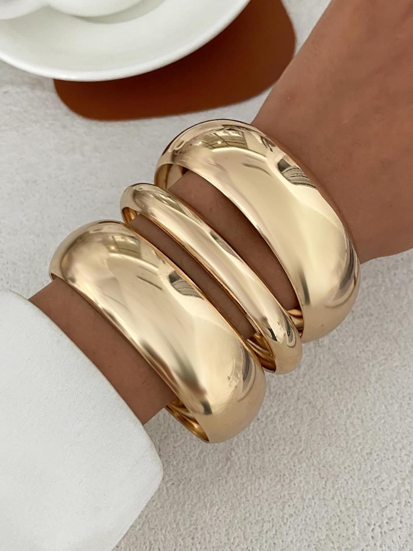 Elegant Wide Smooth Bracelet Set, Fashionable Versatile Exaggerated Design, 3-Piece Jewelry Collection, Layering, Stackable Bracelet, Perfect for Stylish