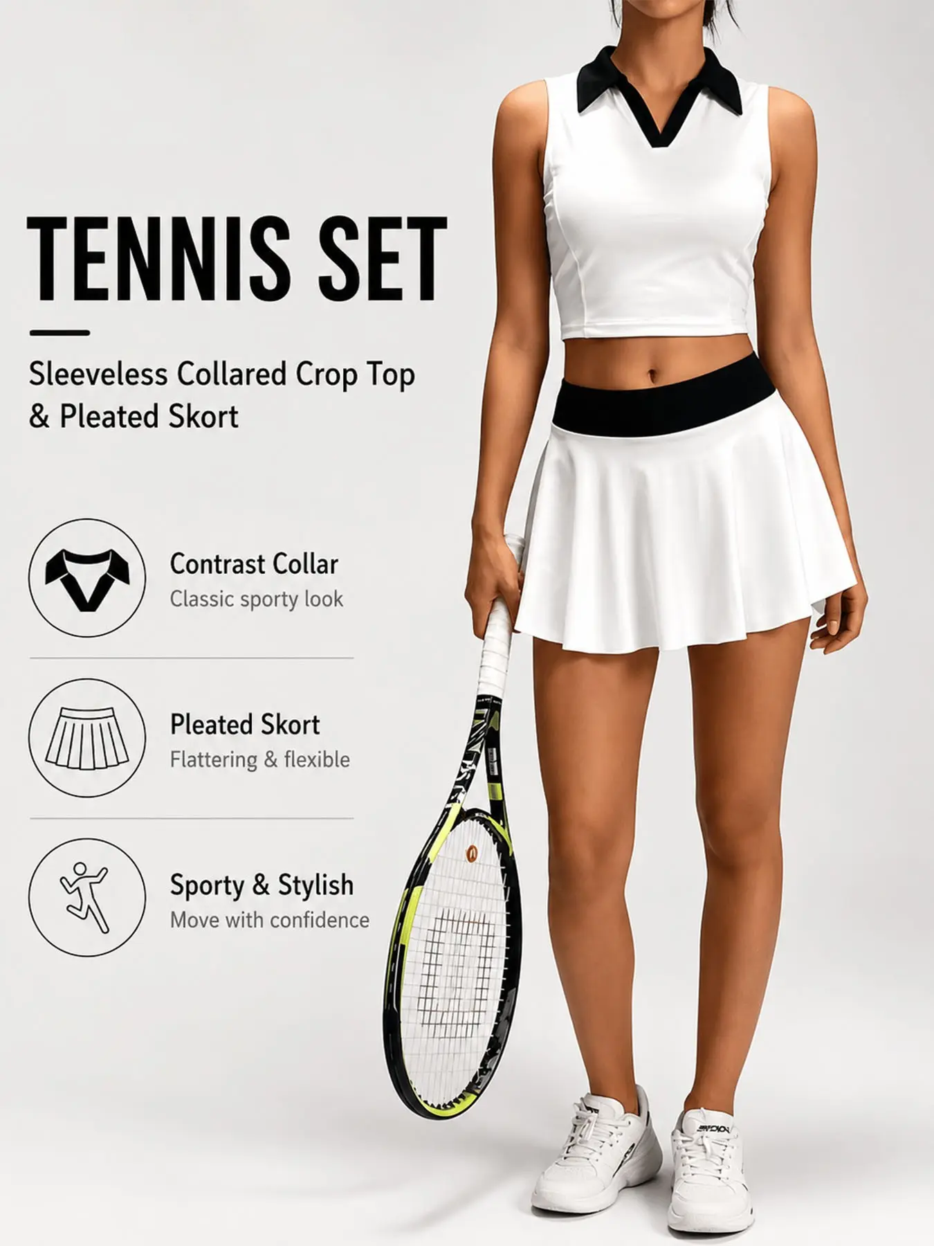 Women's Sleeveless Polo Neck Short Sports Top, A-Line Tennis Skirt Set, Ideal for Tennis, Badminton, Golf, Fitness, Daily Wear, Activewear Fitness Outfit