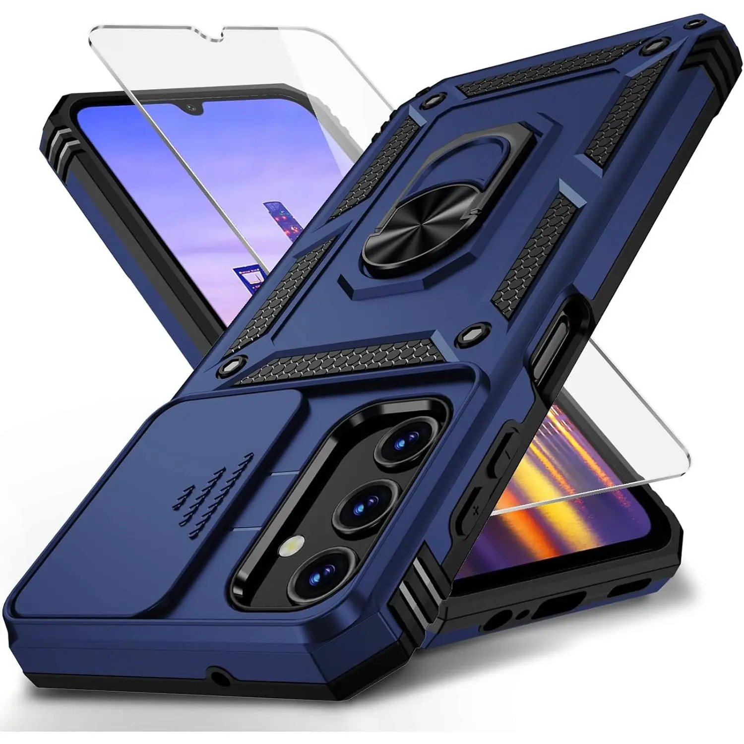 Vinve Dual Layer Shockproof Case for Samsung Galaxy A15 5G - Polycarbonate & Drop-Cushion TPU, Magnetic 360-Rotation Ring Holder Kickstand, Slide Lens Cover, HD Screen Protector, Military Grade Protection, Navy Blue
