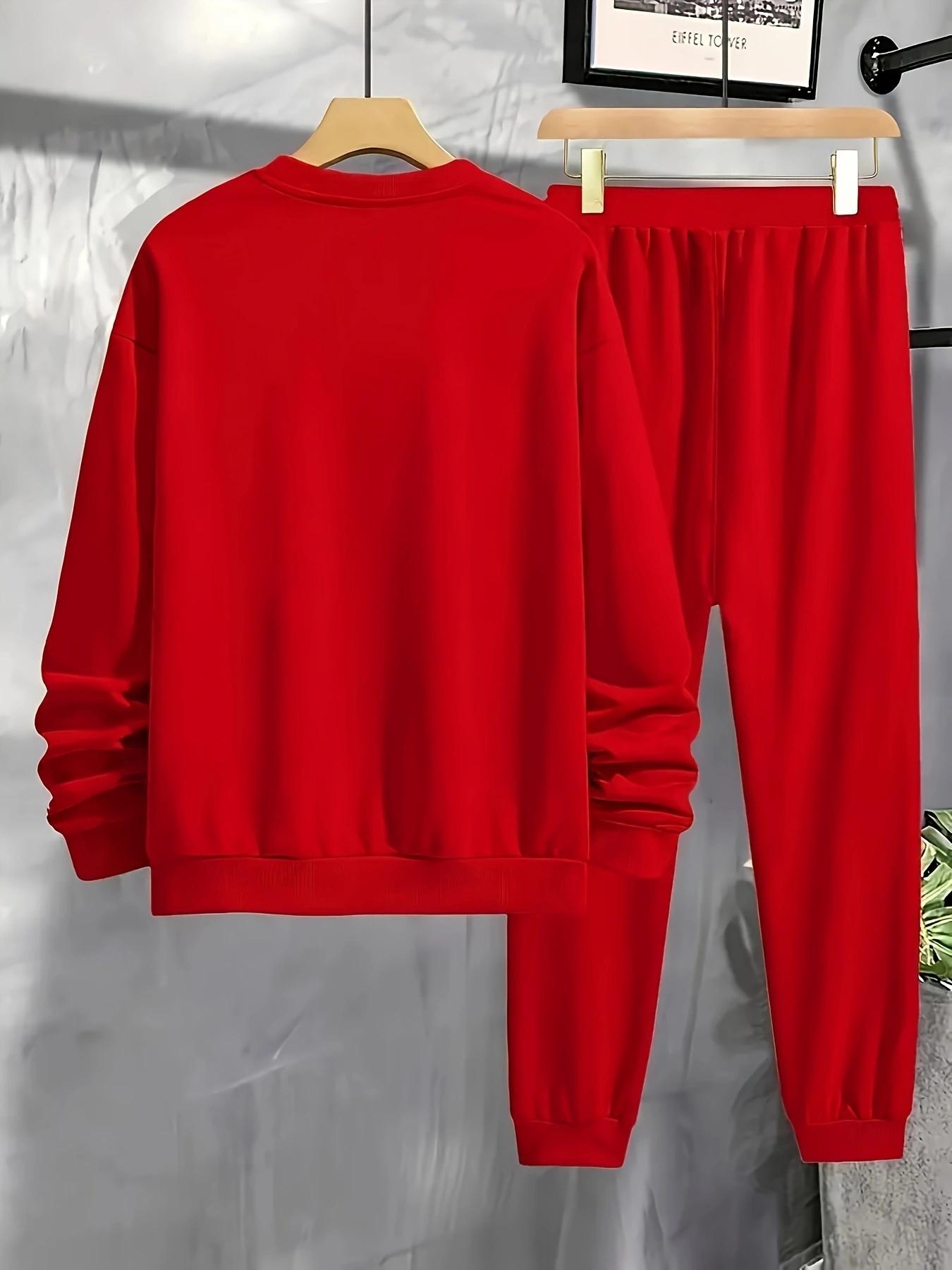 Men's Sports Set - Round neck Long sleeved Top with Strap up Running Pants, Polyester Knitted Fabric, Regular Style Sportswear, Printed Details, Autumn 2-piece Set.