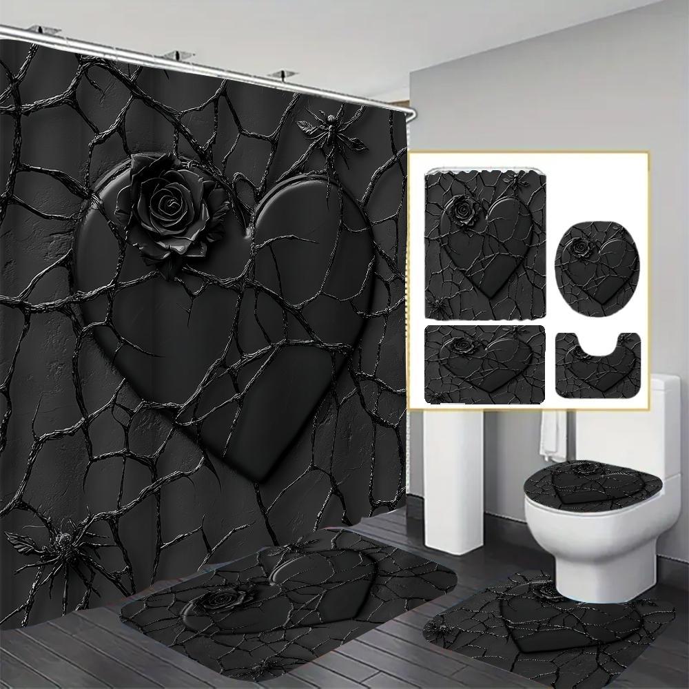 Floral Pattern Bathroom Decor Set, Includes Shower Curtain, Toilet Lid Cover, Mat, U-Shaped Pad, Valentine's Day Gift, Rose and Heart Design