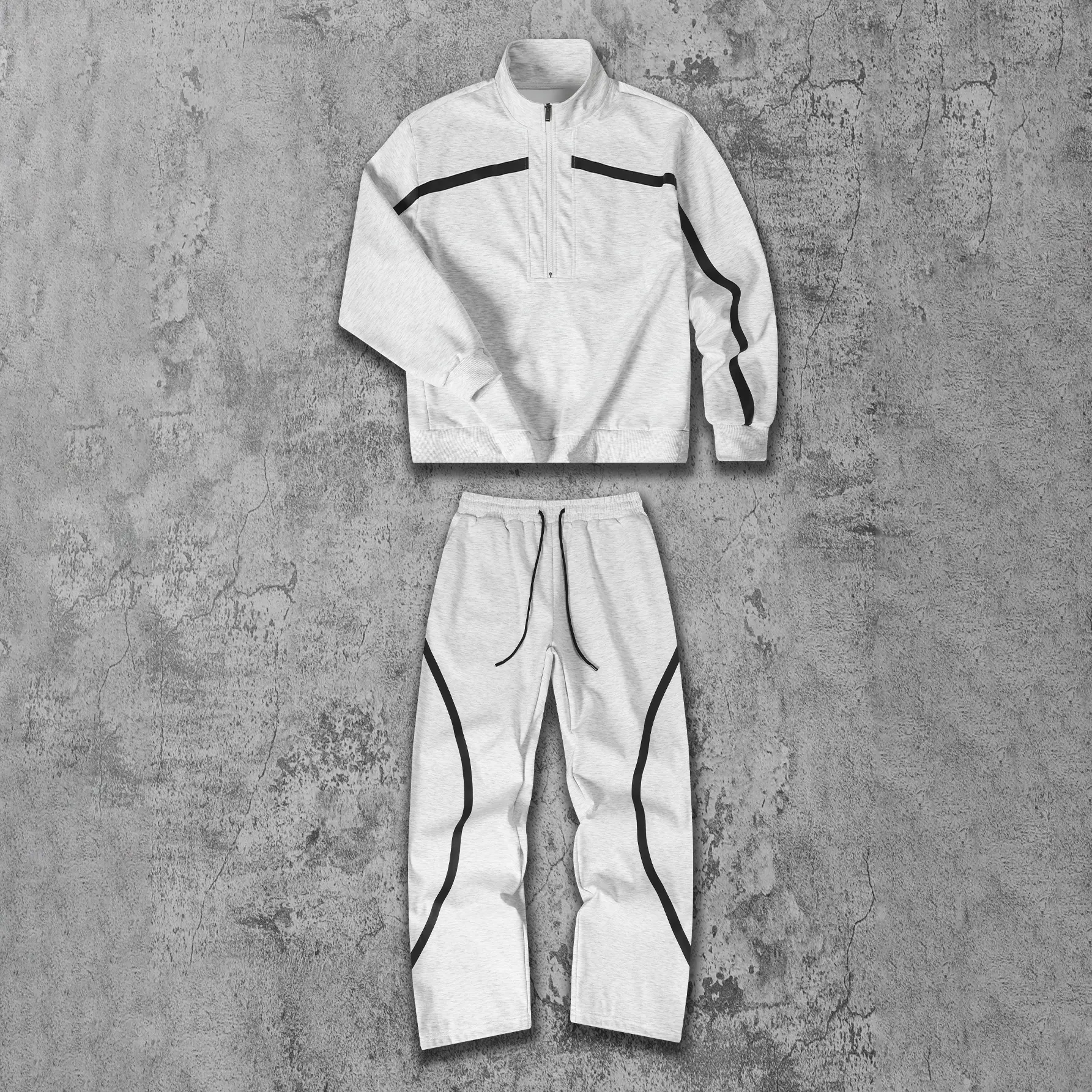 Men's Half Zipper Long Sleeve Set, Patched Printed Zipper Shirt Paired with Tight Pants, Loose Casual Street Style, Full Set of Outfit, Sportswear Complete Clothing, Sportswear Set