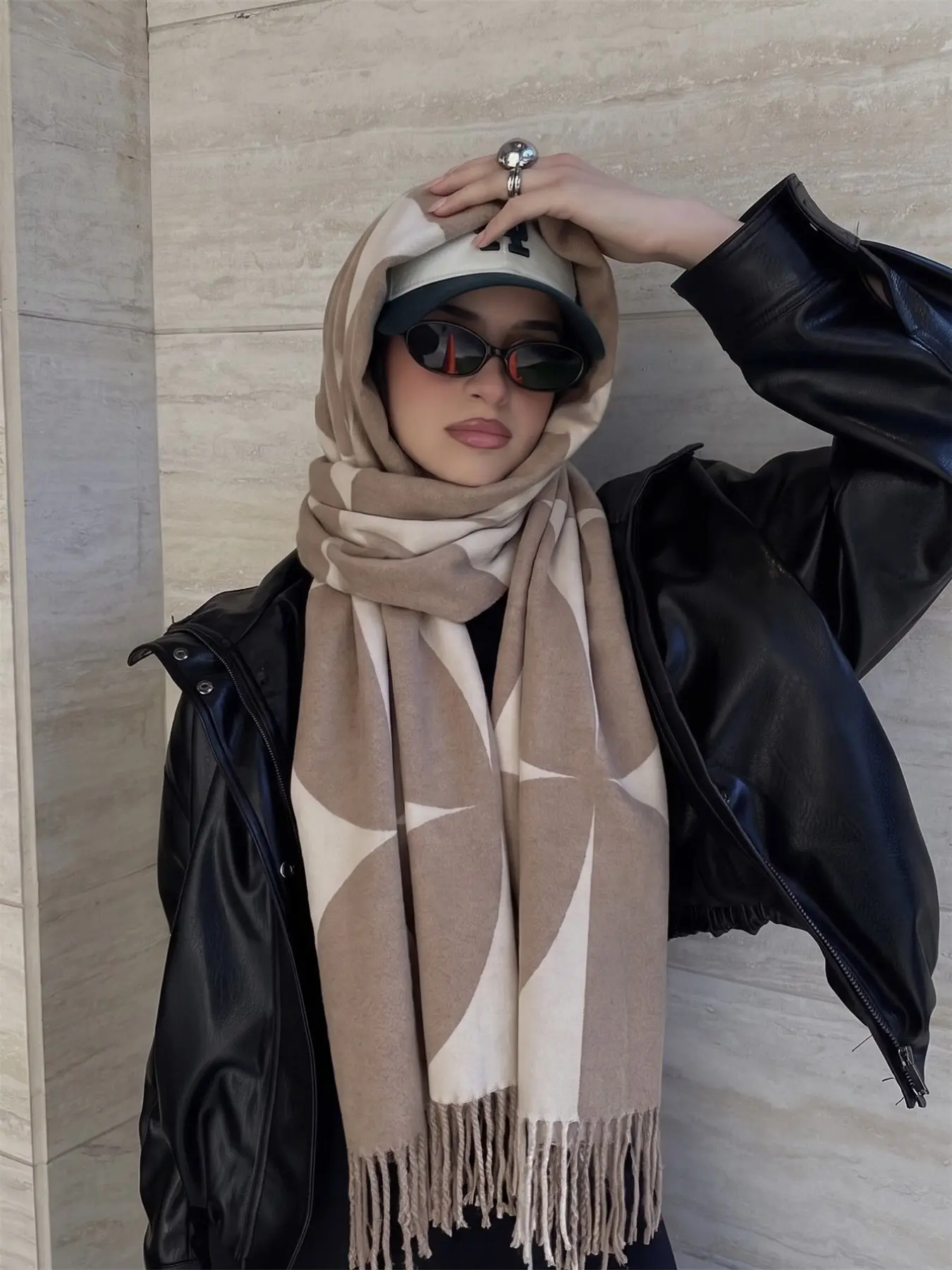 Women's Milk Coffee Geometric Clover Print Headscarf, Reversible Cashmere Feel Tassel Shawl, Soft Warm Hijab Wrap, Autumn Winter Accessory