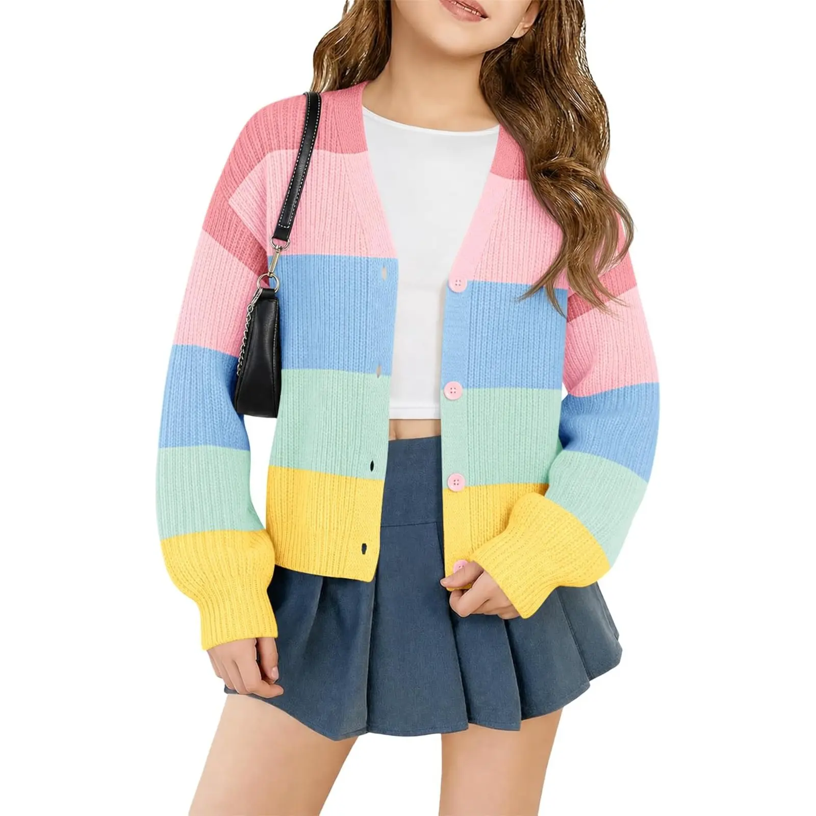 Haloumoning Girls Cardigan Sweaters Kids Colorblock Button Front Sweater | Long Sleeve Cardigans, Fall Fashion Knit Outerwear 5-14 Years