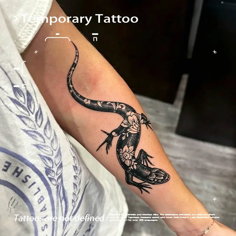 Black Stippling Floral Lizard Herbal Juice Semi Permanent Tattoo Sticker Waterproof Long Lasting Fake Body Tattoo Unisex Forearm Vintage Wildlife Body Art Decal Temporary Tattoos Temporary Tattoo Stickers