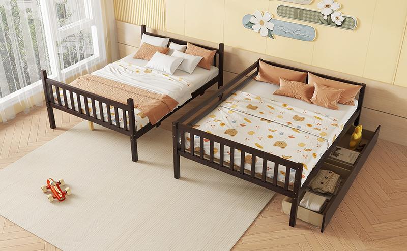 full Over full Rubber Wood Bunk Bed with 2 Drawers, Convertible into 2 full Beds, full Size Bunk Bed with Ladder and Safety Guardrails ,Espresso