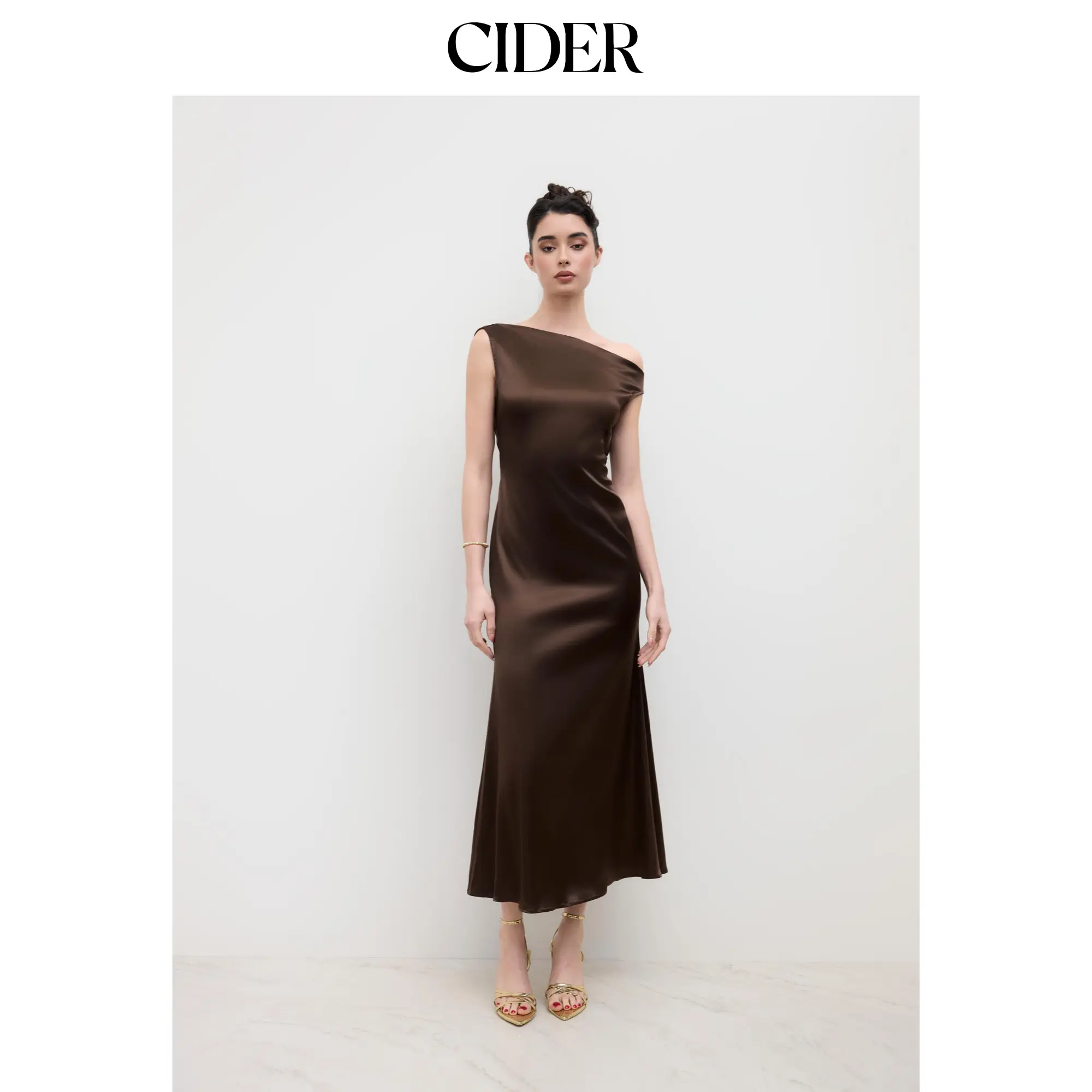 Cider Satin Asymmetrical Neck Backless Maxi Dress