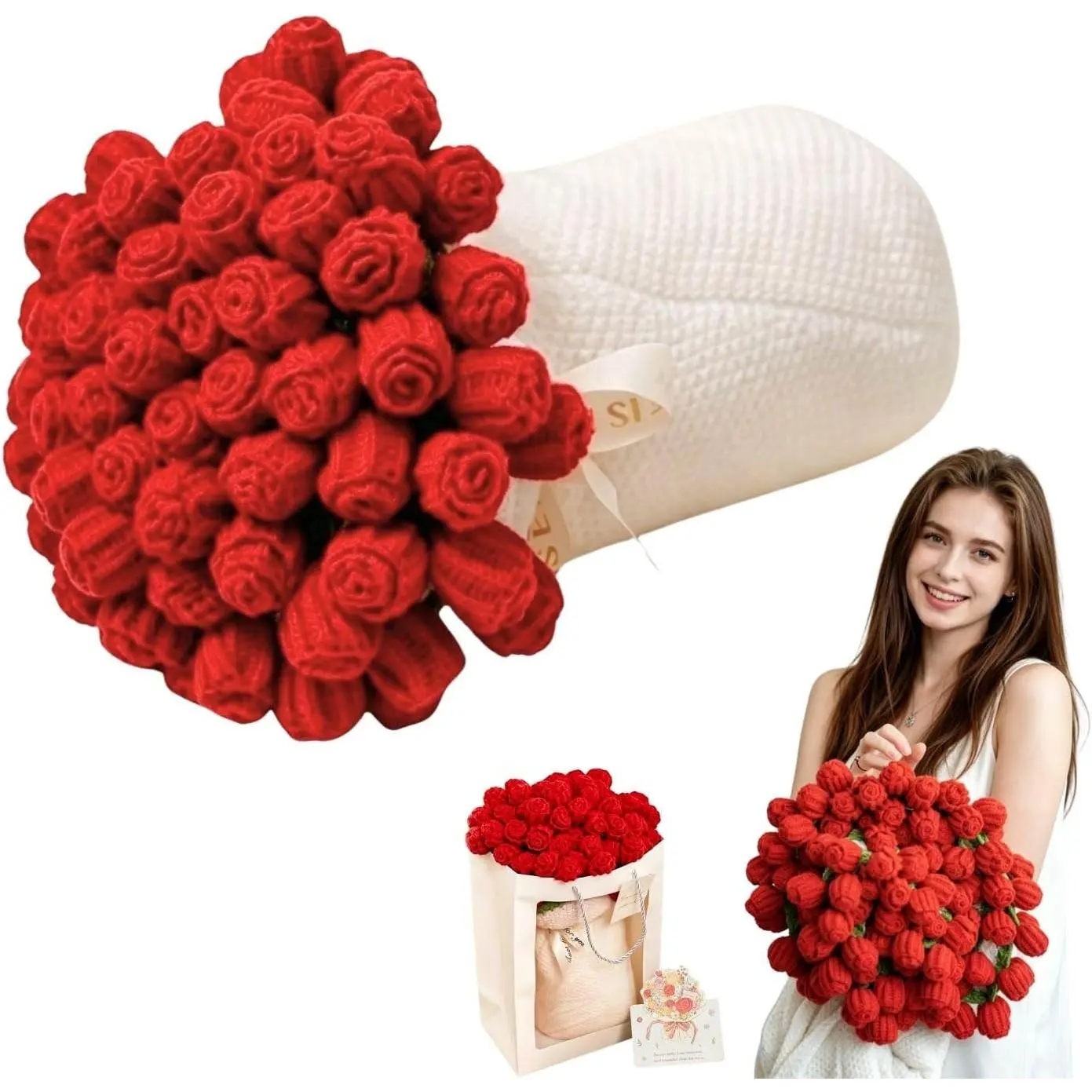Bloomie Bouquet Blanket, Lap Throw Crochet Rose  Blanket Bouquet with  Bag for Couch,Office,,Valentine's Day, Wedding, Mother's Day, Birthday,  Decor  for Her, Women