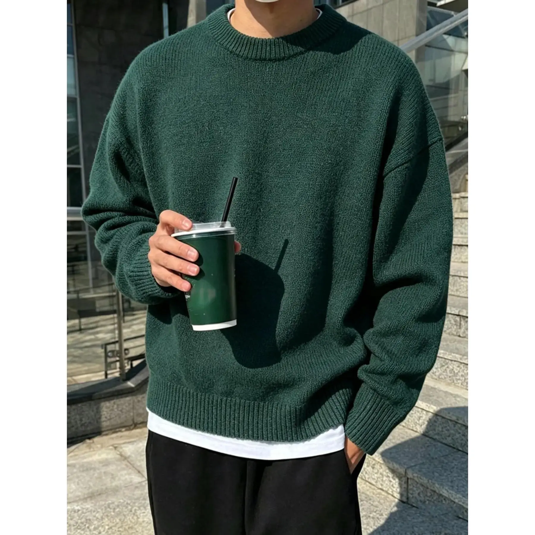 Men's Fall Round Neck Knit Pullover, Loose Drop Shoulder Long Sleeve Sweater, Solid Minimalist Knitted Top, Soft Stretch Fabric, Casual Daily Wear