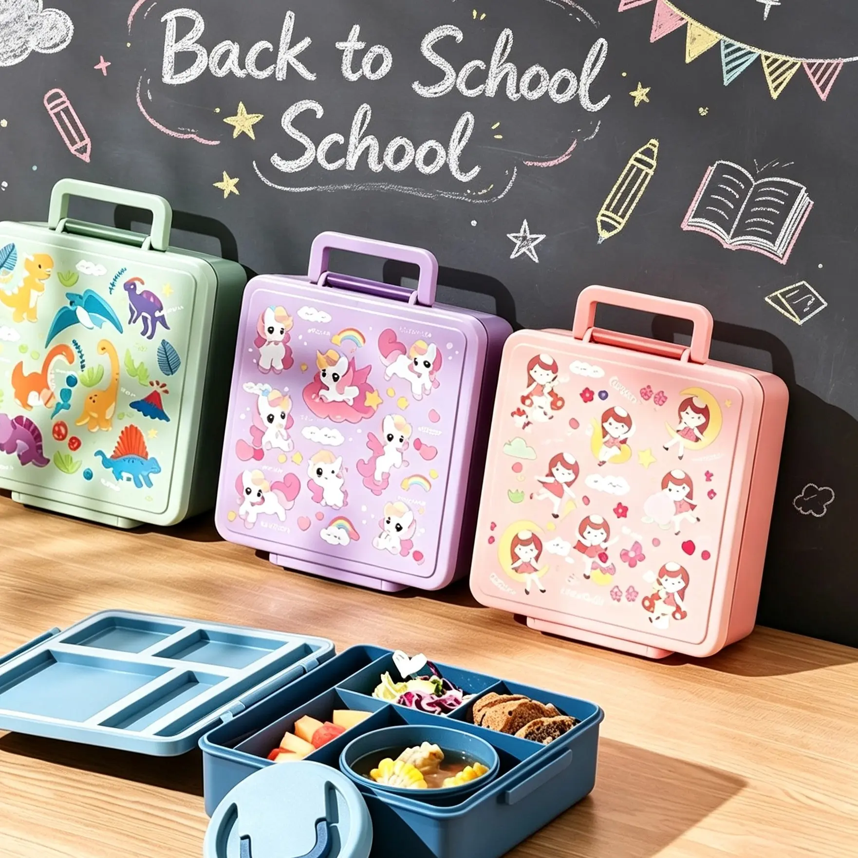 Four-Compartment Leak-Proof Bento Box with Soup Cup and Included pp Cutlery, Microwave Safe Reusable Plastic Food Container, Kids Cartoon Lunchbox