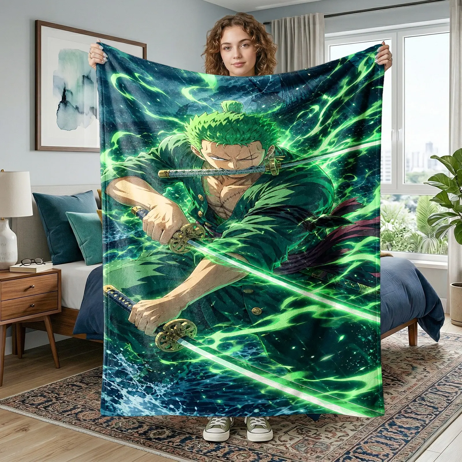 1PC One Piece Roronoa Zoro Anime Print Flannel Blanket,Three-Sword Style Green Flame Samurai Anime Throw,Soft Warm Blanket for Sofa,Bed,Office,Camping,Perfect Gift for Anime Fans,Birthday & Christmas