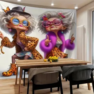 Funny Retro Cool Old Ladies Leopard Outfit Digital Print Tapestry, Vintage Hippie Granny Wall Hanging Tapestries, Soft Wall Blanket Backdrop Decor for Bedroom Living Room Party Home Wall Art Decor