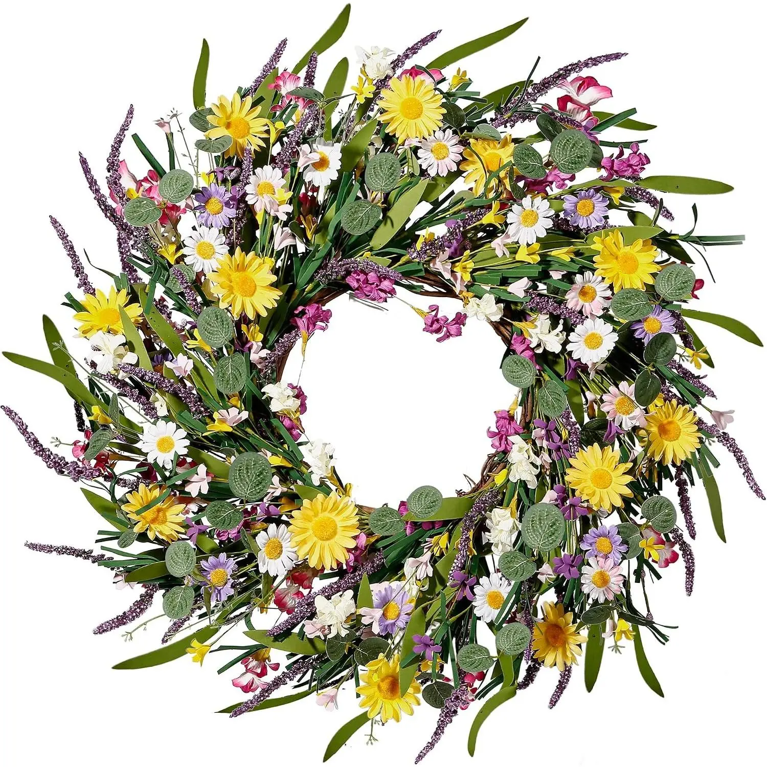 Daisy and Lavender Wildflower Wreath 24 Inch Artificial Silk Spring Summer Flowers for Front Door Home Wall Wedding Festival Farmhouse Holiday DecorGift