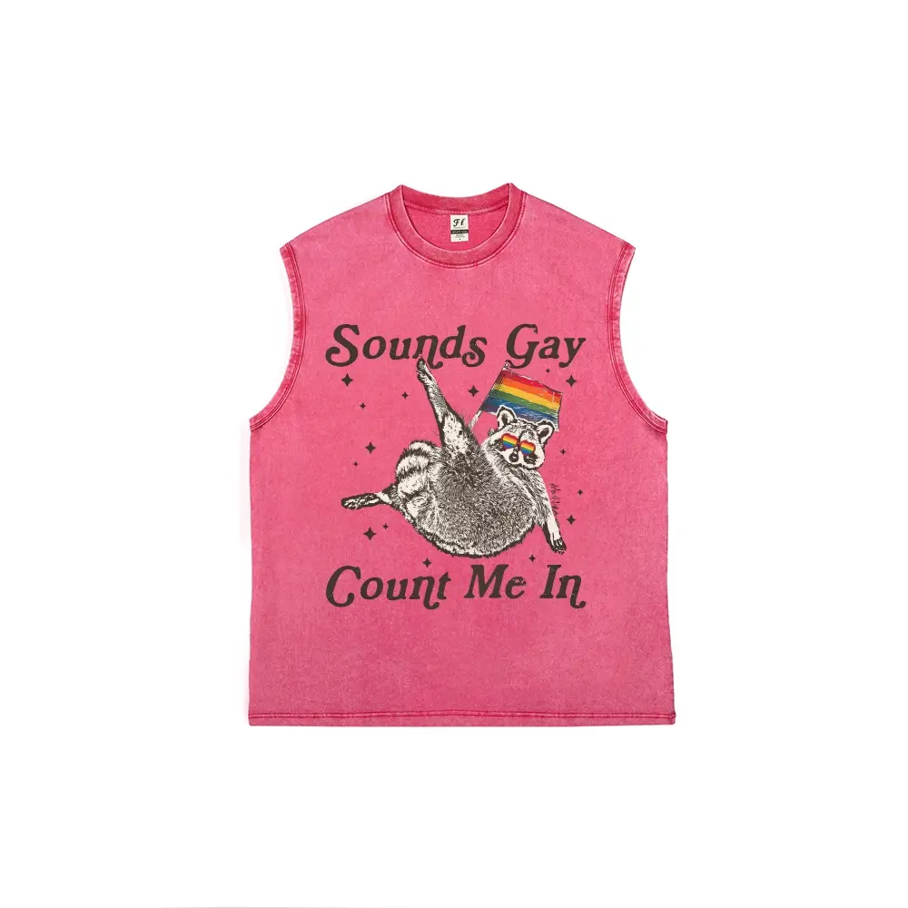Multi Color Vintage Acid Washed Cut Off Sleeveless Tank Top, Sounds Gay Count Me In Raccoon Rainbow Flag LGBTQ Pride Funny Meme Graphic Muscle Tee, Retro Western Queer Summer Festival Casual Streetwear Sleeveless Vest for Men Women Multiple Vintage Washed