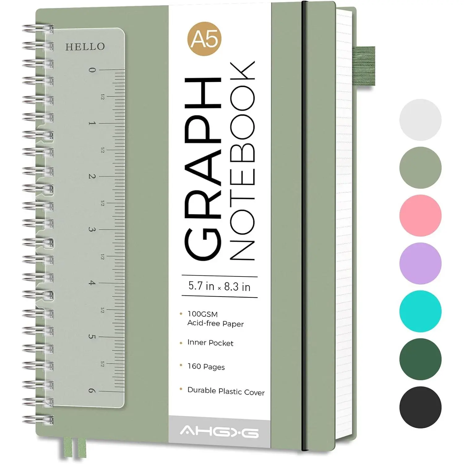 Spiral Graph Paper Notebook, 160 Pages, A5 (5.7" x 8.3") | 100 gsm Thick Grid Paper,  Plastic Cover, for School Writing Engineering (Sage Green)