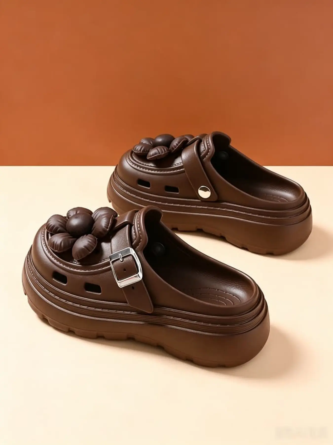 Girls puff flower decorated clogs with layered breathable lift sole, washable soft slides suitable for commute walking