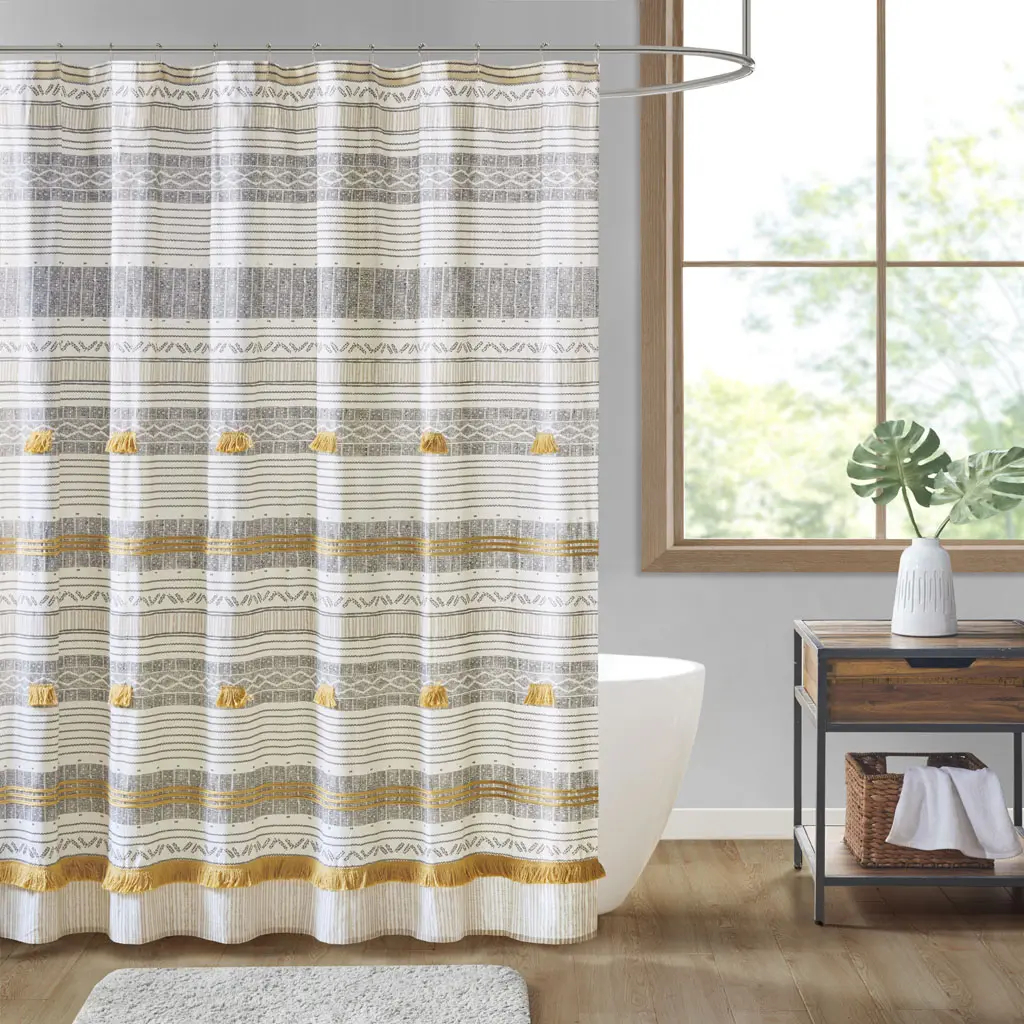 Nokaa Cotton Stripe Printed Shower Curtain with Tassel Pom Poms, Bohemian Bathroom Decor, Soft Fabric Curtain with Fringe, Machine Washable, Standard 72x72 Inches, Gray+Yellow Striped Pattern, Oeko-Tex Certified