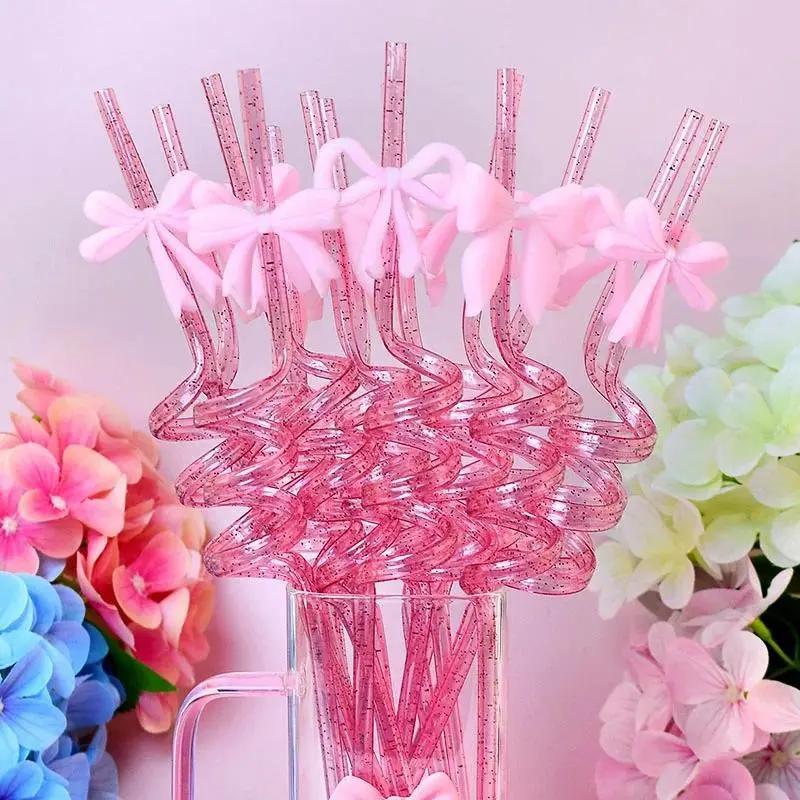 4/8/12/16-pack of pink bow-shaped straws, perfect for birthday parties, holidays, beach parties, and family gatherings,